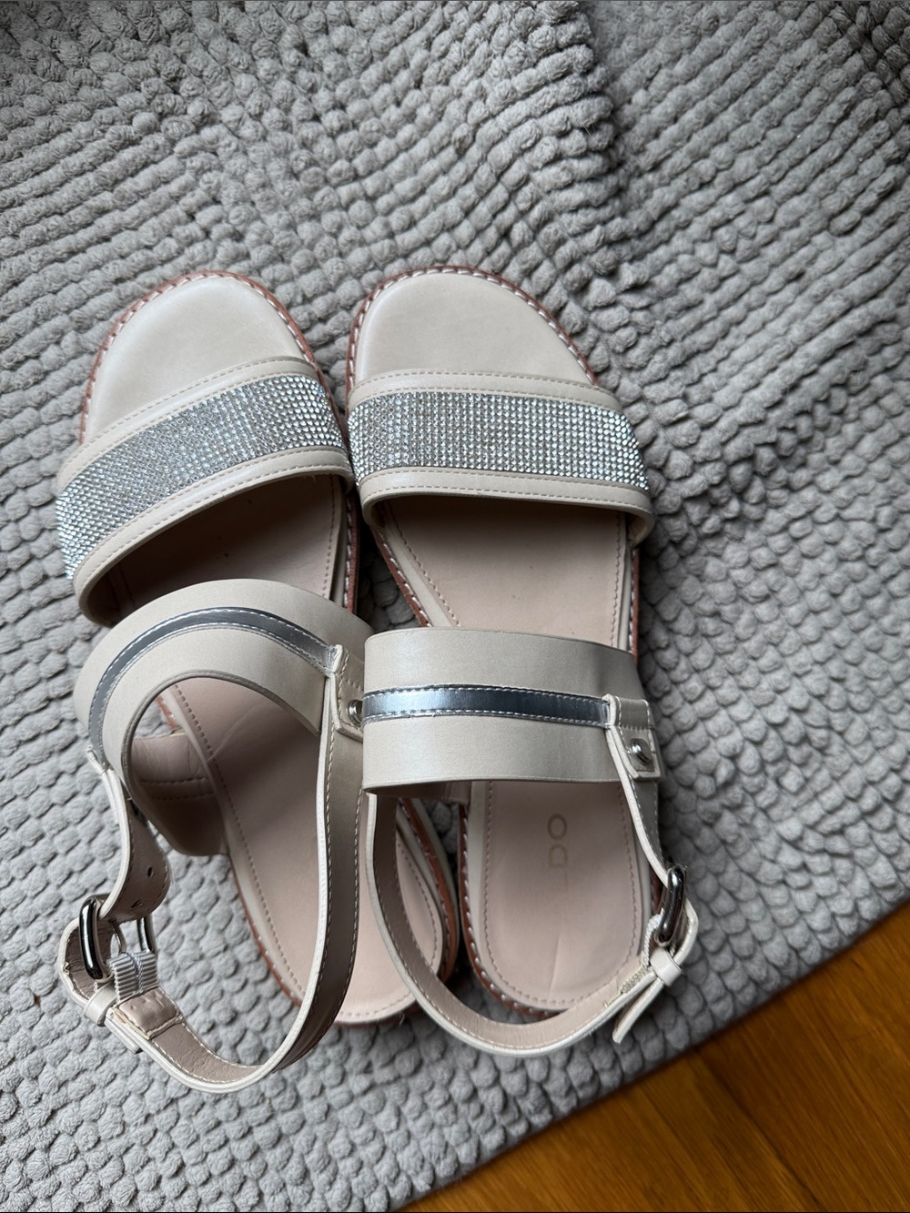 Aldo Champagne Beige Sandals with Crystal Strap